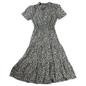 BTFBM Boho Dress Floral Print Tie V Neck Short Sleeve A-Line Midi Dress size M